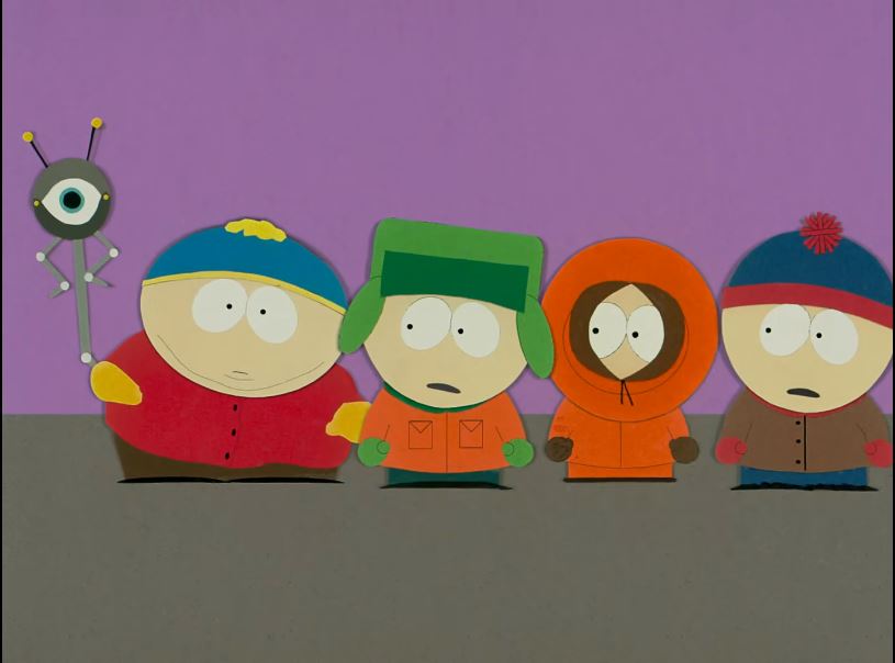 A scene from first South Park episode, 'Cartman Gets an Anal Probe', in the cafeteria where the probe inside Cartman comes out.